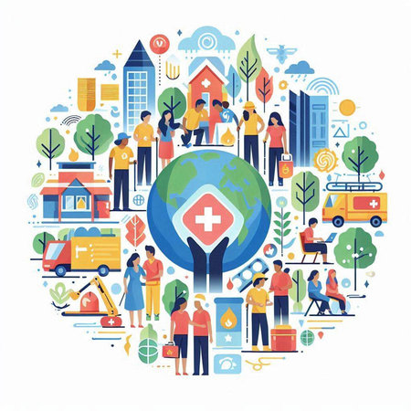 Ecology concept in circle with people and icons. Vector illustration.のイラスト素材