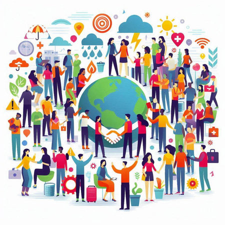 Global communication concept. People holding hands around planet earth. Vector illustrationのイラスト素材