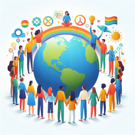 People around the globe. Global communication concept. Vector illustration in isometric style.のイラスト素材