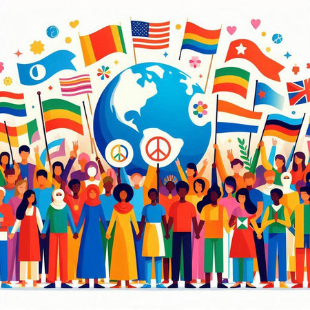 Vector illustration of crowd of people with flags around the planet Earth.のイラスト素材