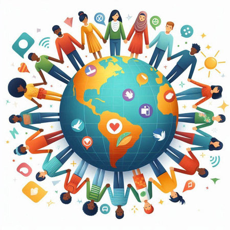 Group of people around the globe. Global communication concept. Vector illustration.のイラスト素材