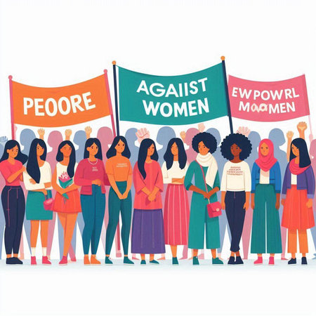 Group of people holding placards and flags. Feminism concept. Vector illustration.のイラスト素材
