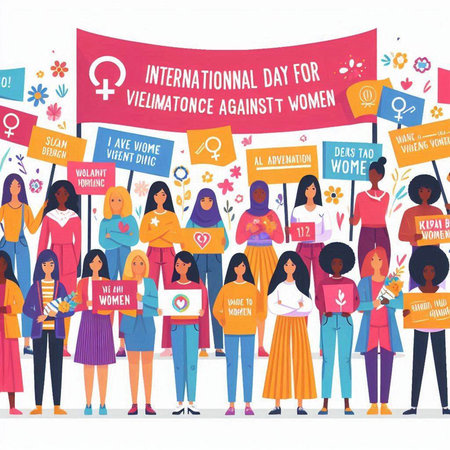 International Women's Day. Group of people with placards. Vector illustration.のイラスト素材