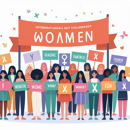 International Women's Day. Group of diverse women holding placards and banners. Vector illustration.のイラスト素材