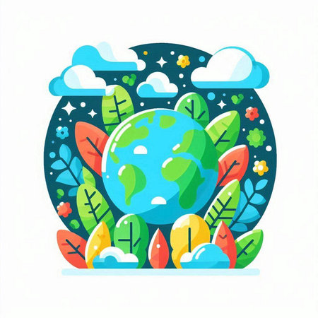 Ecology concept. Earth planet with leaves and clouds. Vector illustration.のイラスト素材
