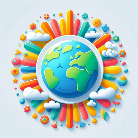 Illustration of planet earth with colorful clouds and sun on white backgroundのイラスト素材