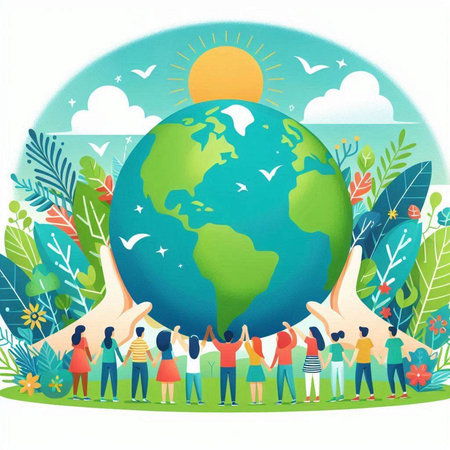 Earth Day. Group of people holding Earth planet. Vector illustration.のイラスト素材
