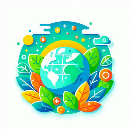 Ecology concept. Green planet with leaves and icons. Vector illustration.のイラスト素材