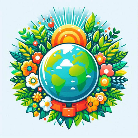 Illustration of the planet earth with floral wreath. Vector illustration.のイラスト素材