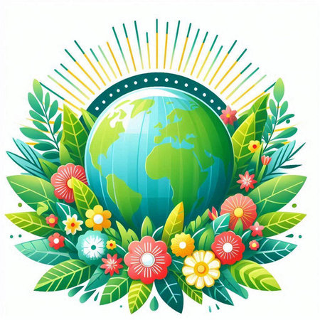 Globe surrounded by green leaves and flowers. Vector Illustration.のイラスト素材