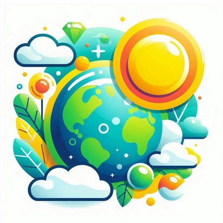 Colorful illustration with planet, clouds and sun. Vector illustration.のイラスト素材