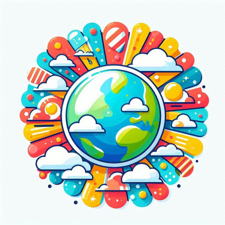 Colorful planet with clouds and sun. Vector illustration in flat styleのイラスト素材