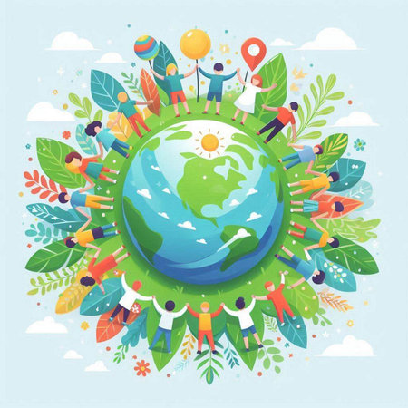 Earth day concept with people around the world. Vector flat illustration.のイラスト素材
