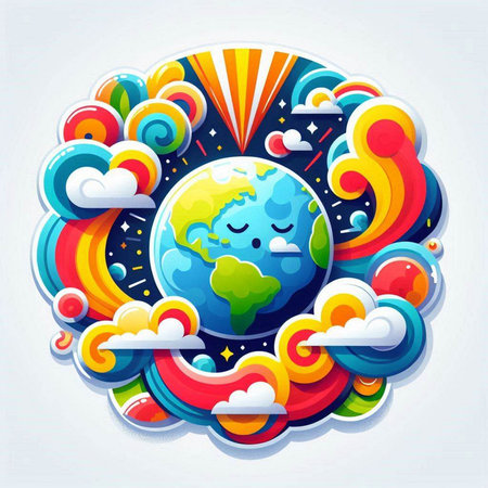 Colorful planet with clouds and sun. Vector illustration for your designのイラスト素材