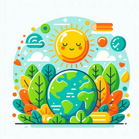 Vector illustration in flat linear style with planet, sun, clouds and trees. Ecology concept.のイラスト素材