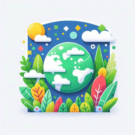 Ecology concept with green planet and leaves on blue background. Vector illustration.のイラスト素材