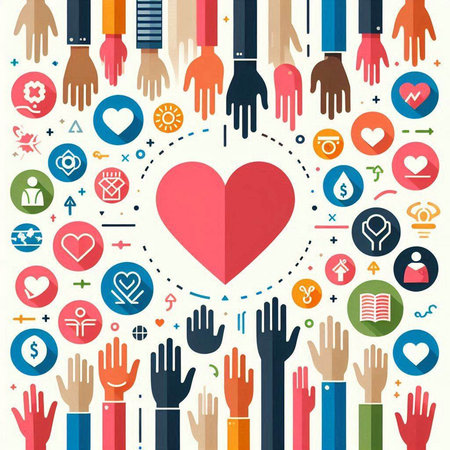 Heart and hands with social media icons in flat design. Vector illustration.のイラスト素材