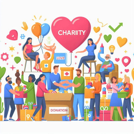 Charity concept. People donating and giving charity to each other. Vector illustrationのイラスト素材
