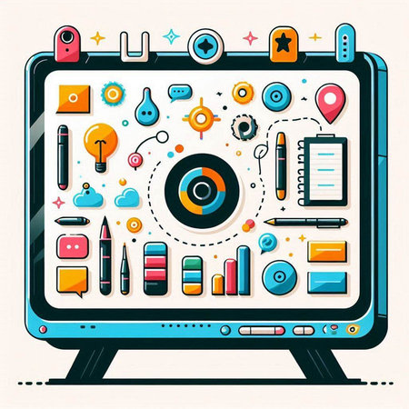Vector illustration of computer screen with colorful icons and design elements on light background.のイラスト素材