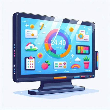 Vector illustration of modern computer monitor with social media icon. Flat style design.のイラスト素材