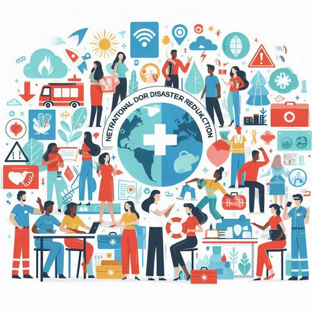 World health day concept with people and icons. Flat vector illustration.のイラスト素材