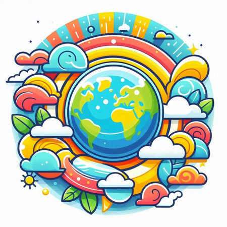 Vector illustration of planet earth with clouds and sun on white background.のイラスト素材