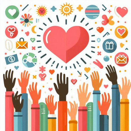 Hands Raised with Red Heart and Love Icons. Vector Illustrationのイラスト素材