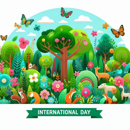 International Day of Nature. Vector illustration with trees, flowers and animals.のイラスト素材