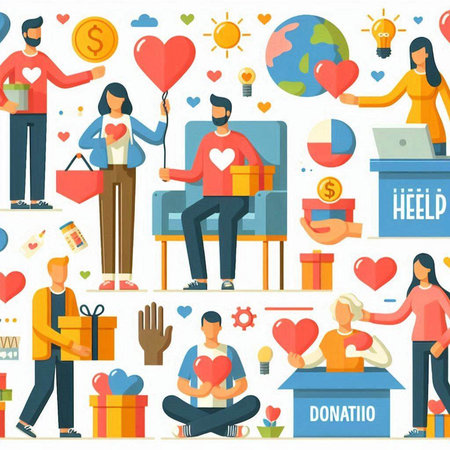 Donation and charity concept in flat style. Vector illustration with people donation, charity and help.のイラスト素材