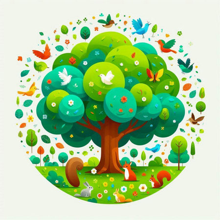 Vector illustration of a tree in the forest with birds and squirrelsのイラスト素材