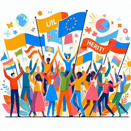 People holding flags of the European Union and United Kingdom. Vector illustration.のイラスト素材