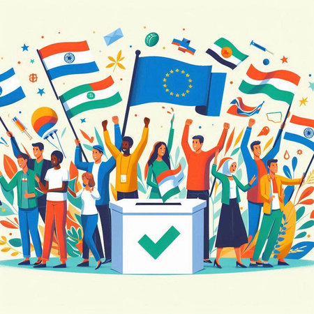 Voting and election concept. Group of people with flags. Vector illustration.のイラスト素材