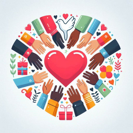 Hands of diverse people around the heart shape, vector illustration.のイラスト素材