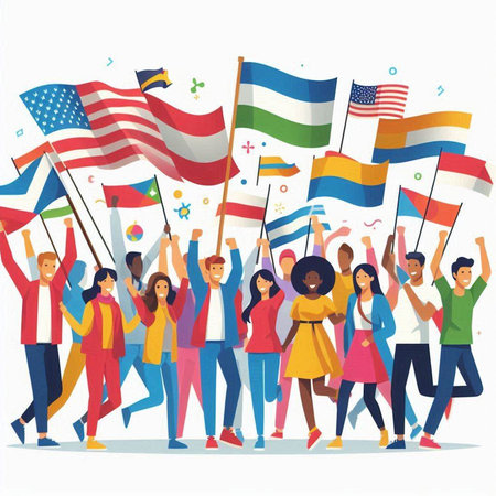 Group of happy people holding flags of different countries. Vector illustration.のイラスト素材