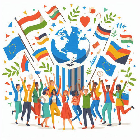 Group of happy people with flags around the world. Vector illustration.のイラスト素材