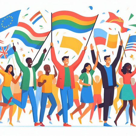 Group of happy people with flags waving in the air. Vector illustration.のイラスト素材