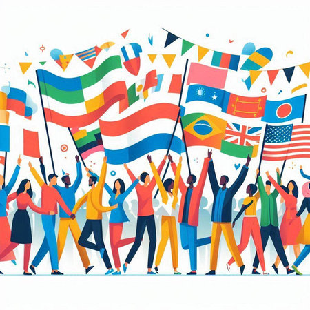 Group of people with flags waving in the air. Vector illustration.のイラスト素材