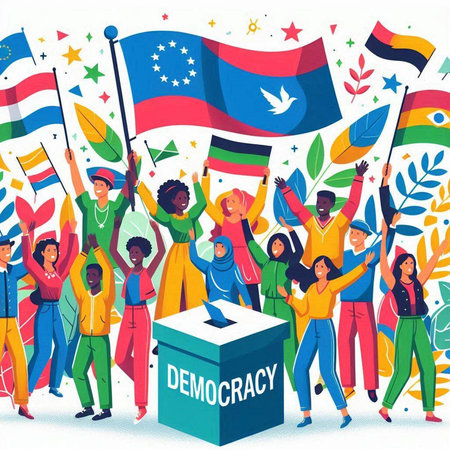 Diversity people with flags, voting and election concept vector illustration.のイラスト素材