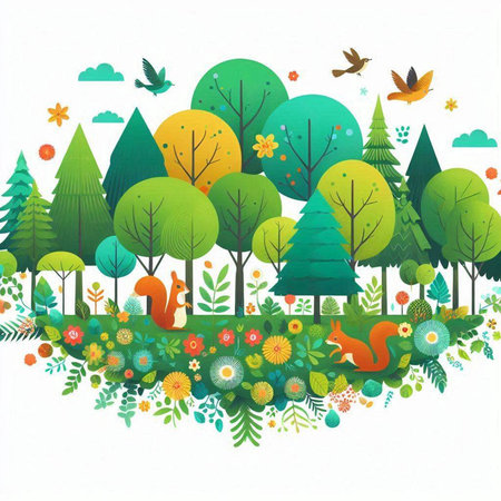 Nature background with forest and squirrel. Vector illustration. Eps 10.のイラスト素材