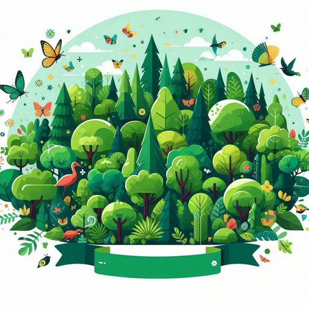 Vector illustration of a green forest with trees, grass and butterflies.のイラスト素材