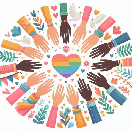 Hands of different races and colors in a circle. Vector illustration.のイラスト素材