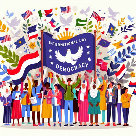 International Day of Remembrance and Reconciliation. Group of people with flags of different countries of the world. Vector illustrationのイラスト素材