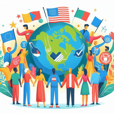 People with flags around the world. Concept of global communication. Vector illustration.のイラスト素材