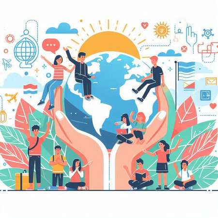 Concept of global communication and social distancing. Vector illustration.のイラスト素材