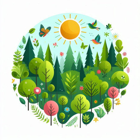 Vector illustration of a round forest with trees, flowers and butterflies.のイラスト素材