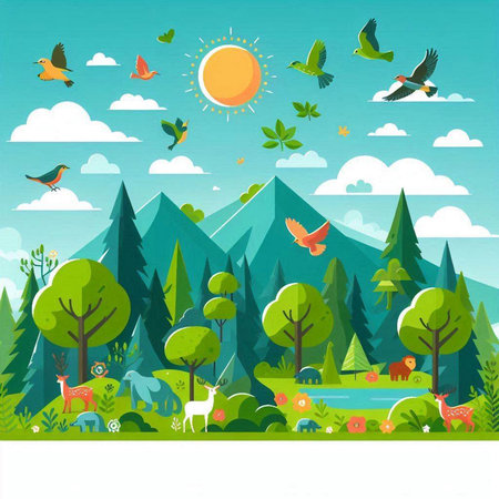 Nature landscape with trees, birds and animals. Cartoon vector illustration.のイラスト素材