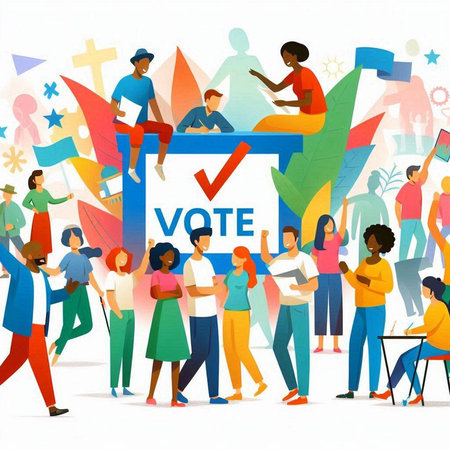 Vector illustration of a group of people with a vote. Voting concept.のイラスト素材