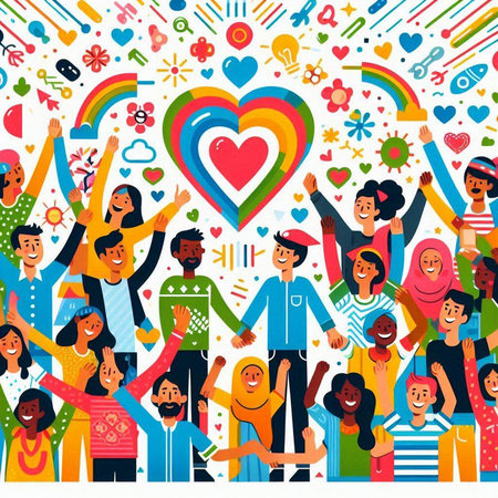 Happy people in love. Group of happy people. Vector illustration.のイラスト素材