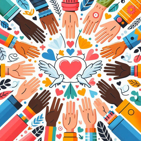 Hands of different races with heart and wings. Vector illustration.のイラスト素材