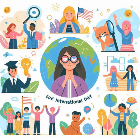 Happy international day of knowledge concept with children and teacher cartoon flat vector illustrationのイラスト素材